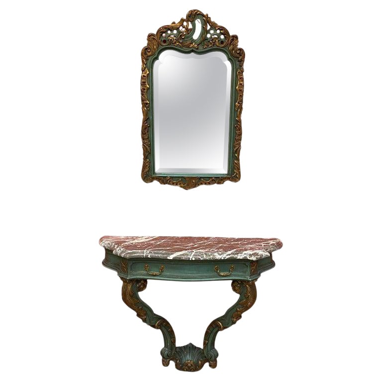 Konsole und Spiegel im Louis-XV-Stil aus patiniertem Holz, um 1930 im Angebot