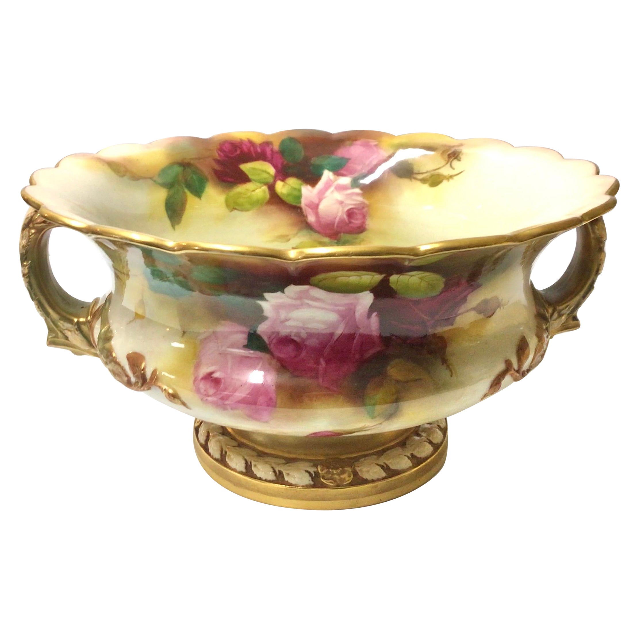 Large Antique Royal Worcester Jardiniere Bowl Vase Hand Painted With Roses