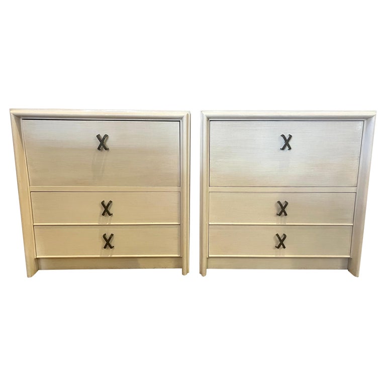 Pair of Paul Frankl Ivory Colored Night Stands w/ Brass X Pulls, Circa Late 40s