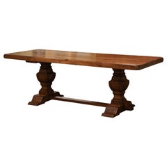 Mid-Century French Carved Oak Farm Trestle Table on Double-Pedestal Base