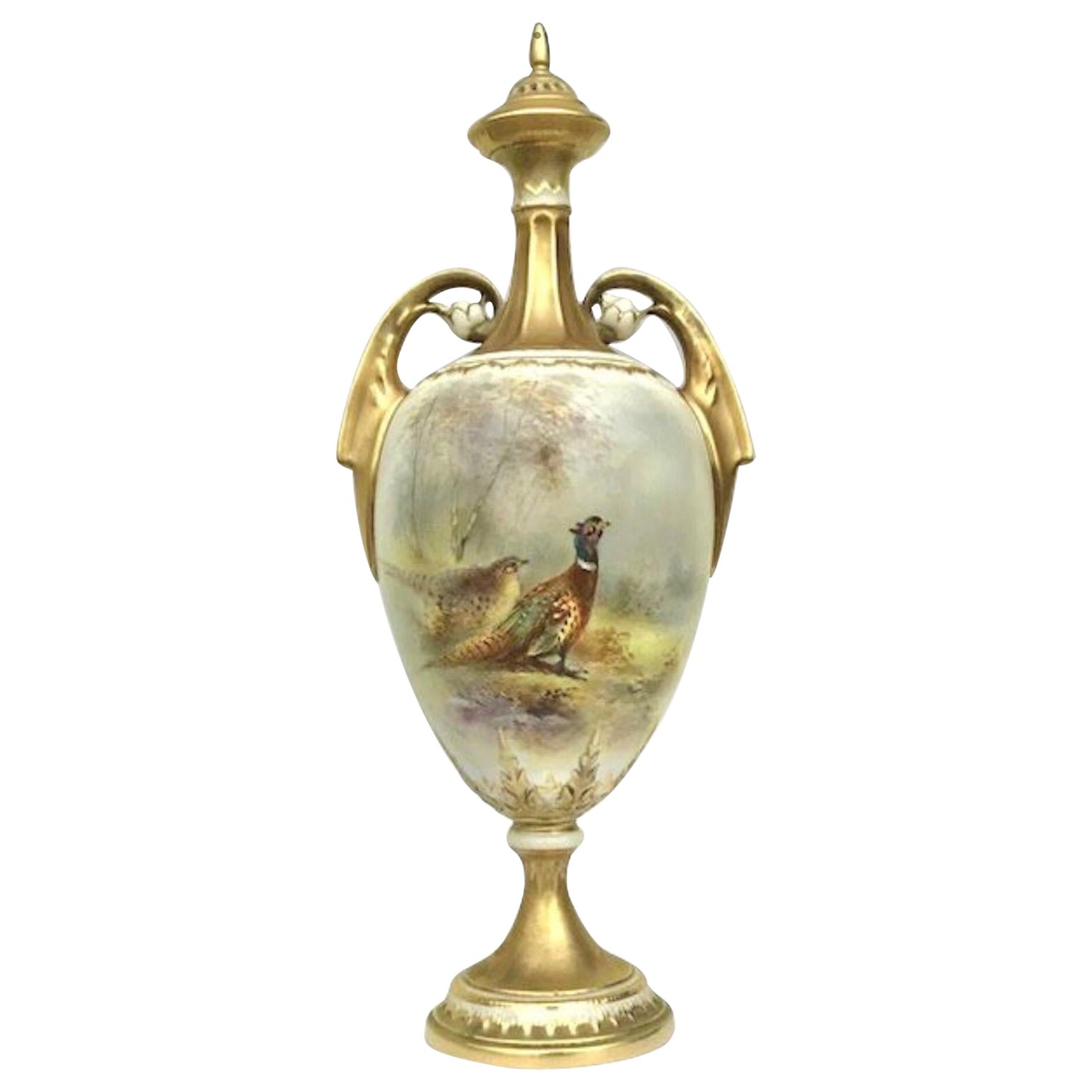 Royal Worcester Antique James Stinton Cock Pheasant Vase with Cover For Sale