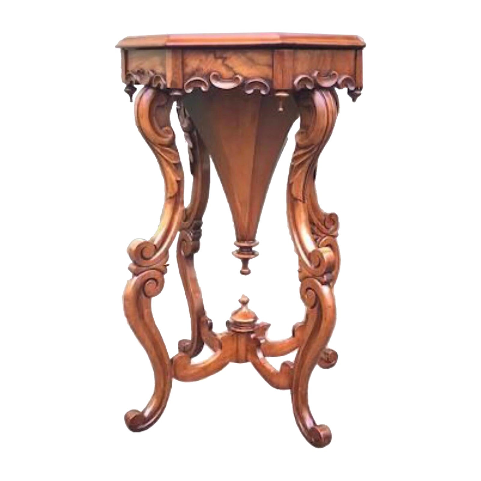Victorian Burr Walnut Antique Cradled Trumpet Sewing Work Table For Sale