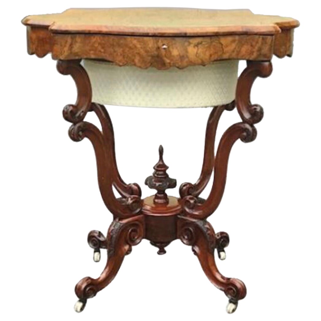 Antique Burr Walnut Cradle Base Victorian Sewing Work Lamp Table  For Sale
