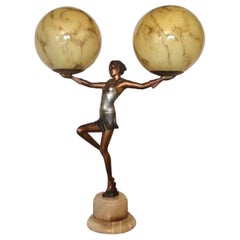 Art Deco Lady Lamp Holding Aloft a Pair of Marbled Globes