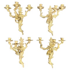 Rococo Style Gilt Cast Metal Foliate Candle Wall Sconce, Set of 4