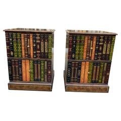 Handsome Pair of Square Leather Book Motife End Table Chests or Night Stands