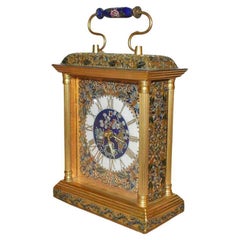 Cobalt Blue Enameled Cloisonne Carriage or Mantle Clock with Carrying Handles
