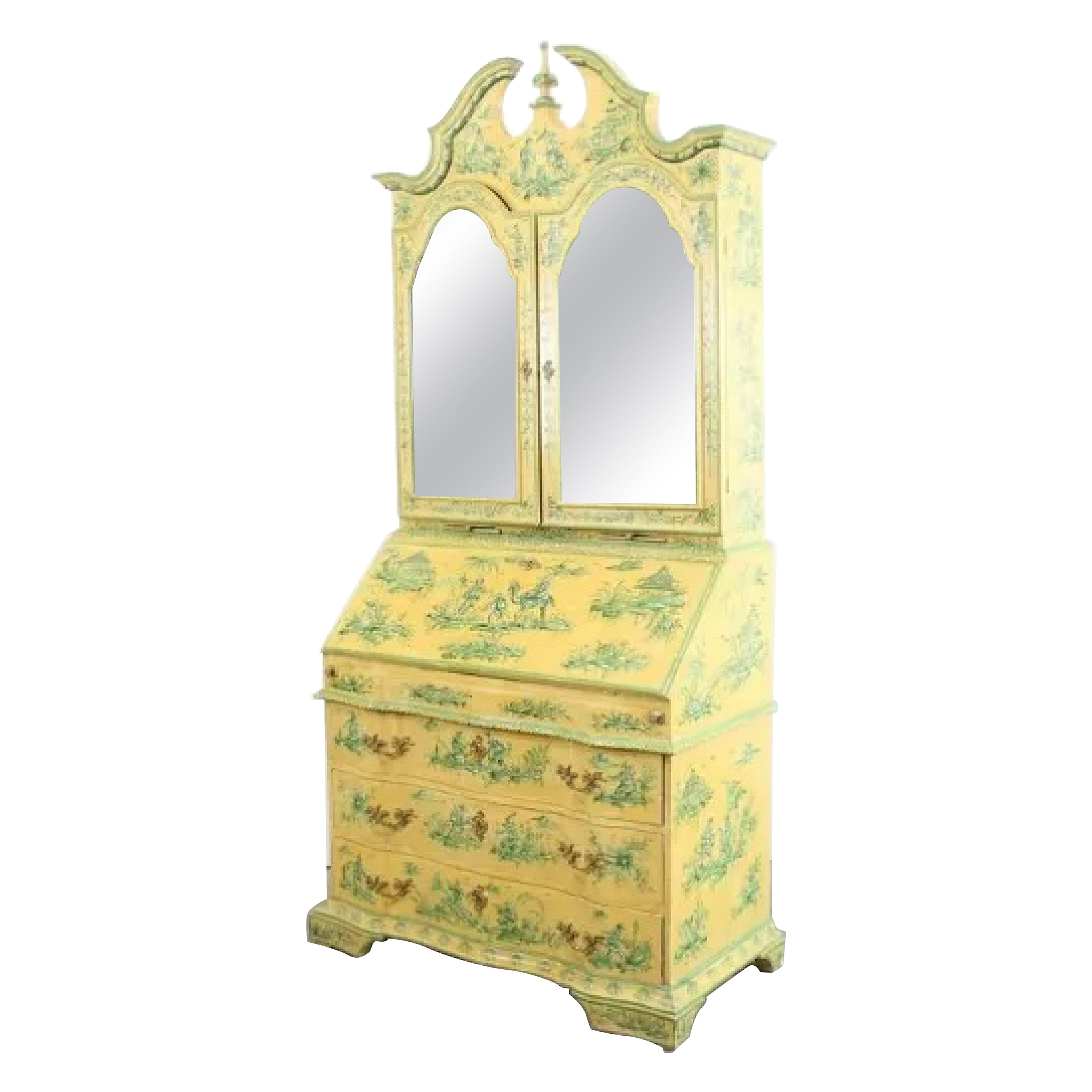 Chinoiserie hand-painted secretary, Lo Studiolo di Ponziani, Florence, Italy. Chinoiserie painted secretary desk Ponziani Firenze. Painted brilliant lemon yellow, beautiful and substantial wooden piece of furniture has intricate details including