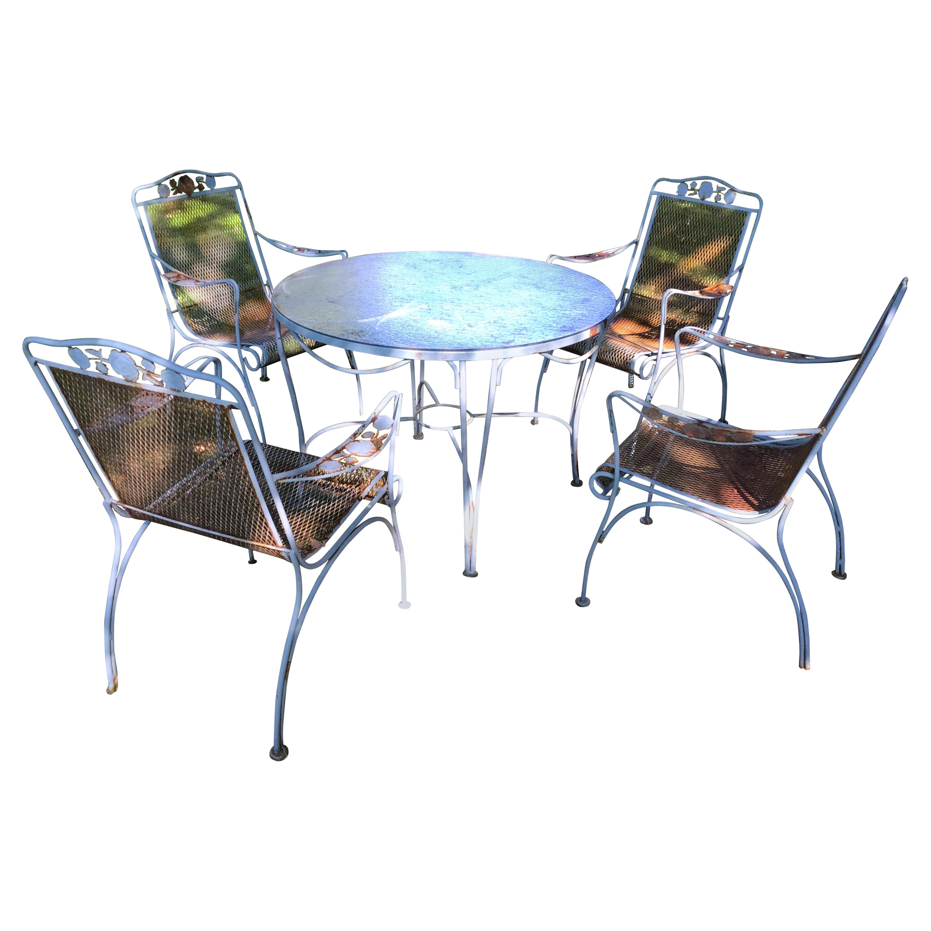 MidCentury Modern Wrought Iron Patio Dining Table and Six Chairs For