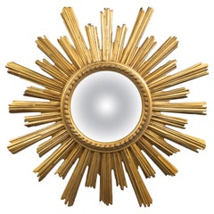 Mid Century French Gilt Sunburst Starburst Convex Mirror