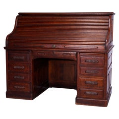 Antique Oversized Raised Panel & S-Roll Top Oak Desk, Full Interior, C1900