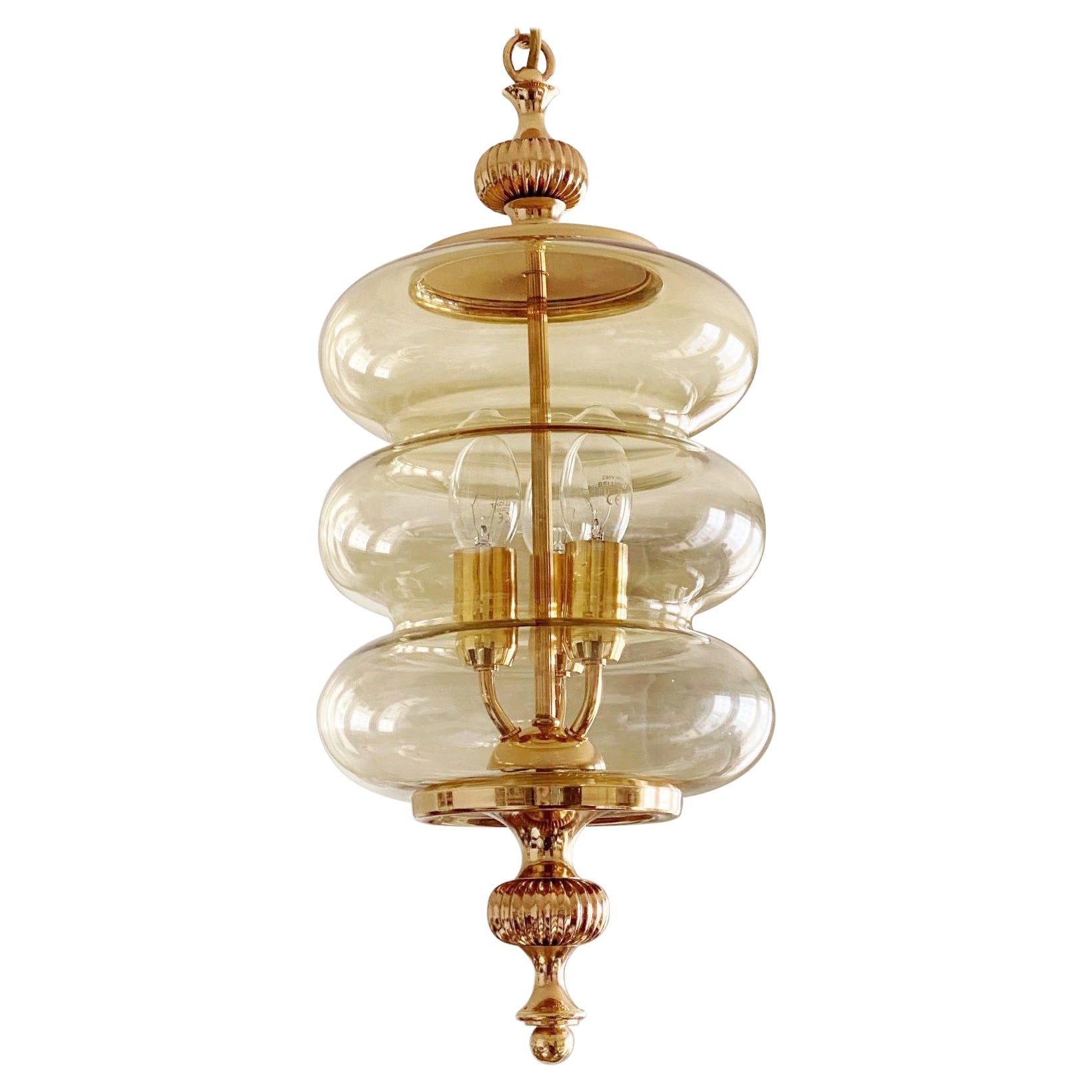 Fontana Arte Style Blown Glass Brass Thee-Light Lantern or Pendant, Italy, 1950s For Sale