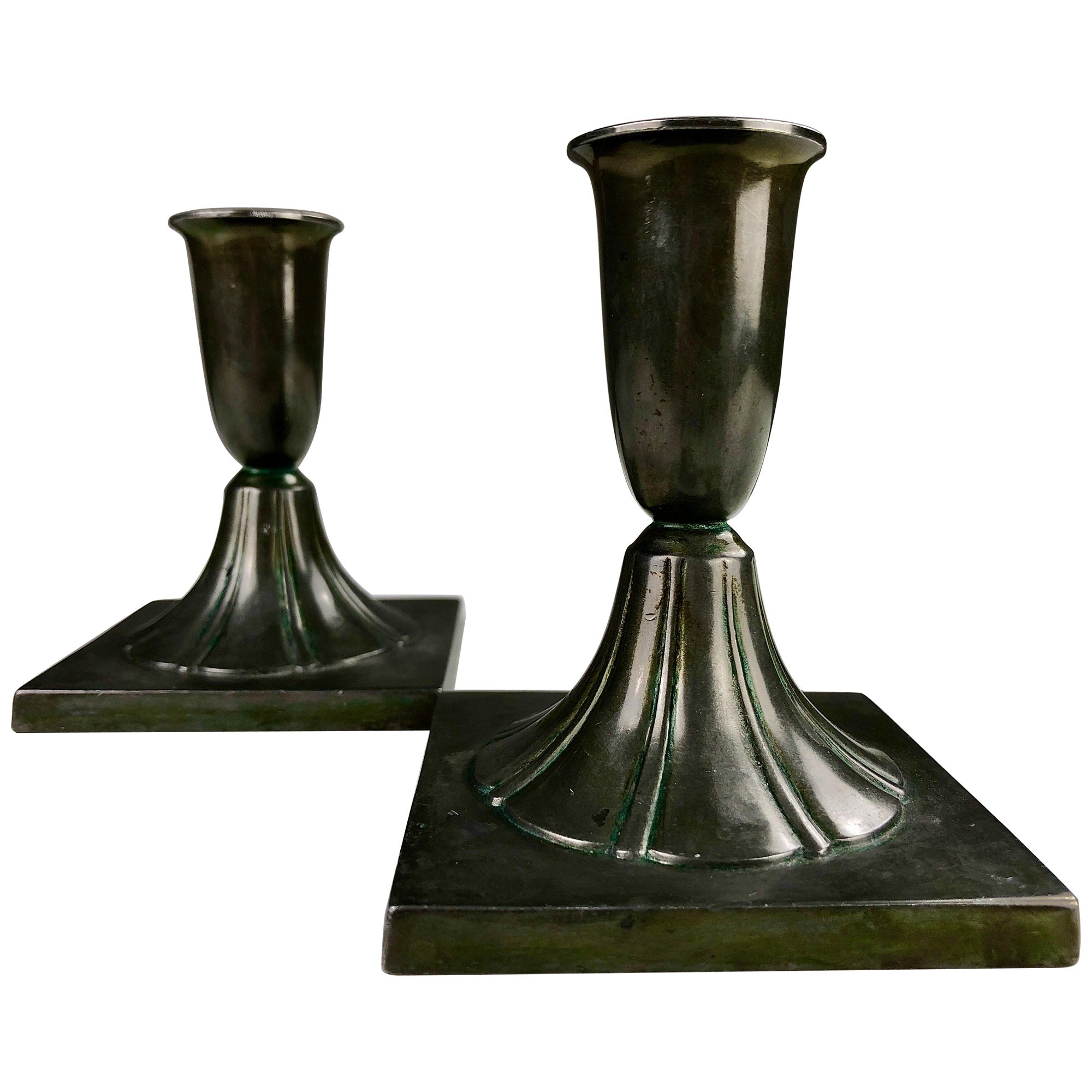 1920s Set of Two Danish Just Andersen Art Deco Candlesticks in Disco Metal For Sale