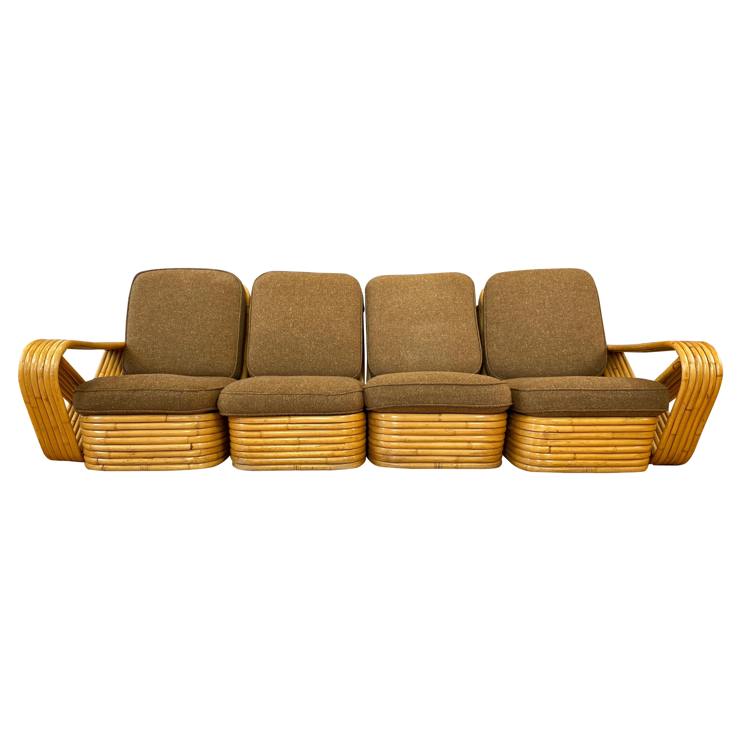 Paul Frankl Style Rattan Six-Strand Four-Seat Sectional Pretzel Sofa, 1940s