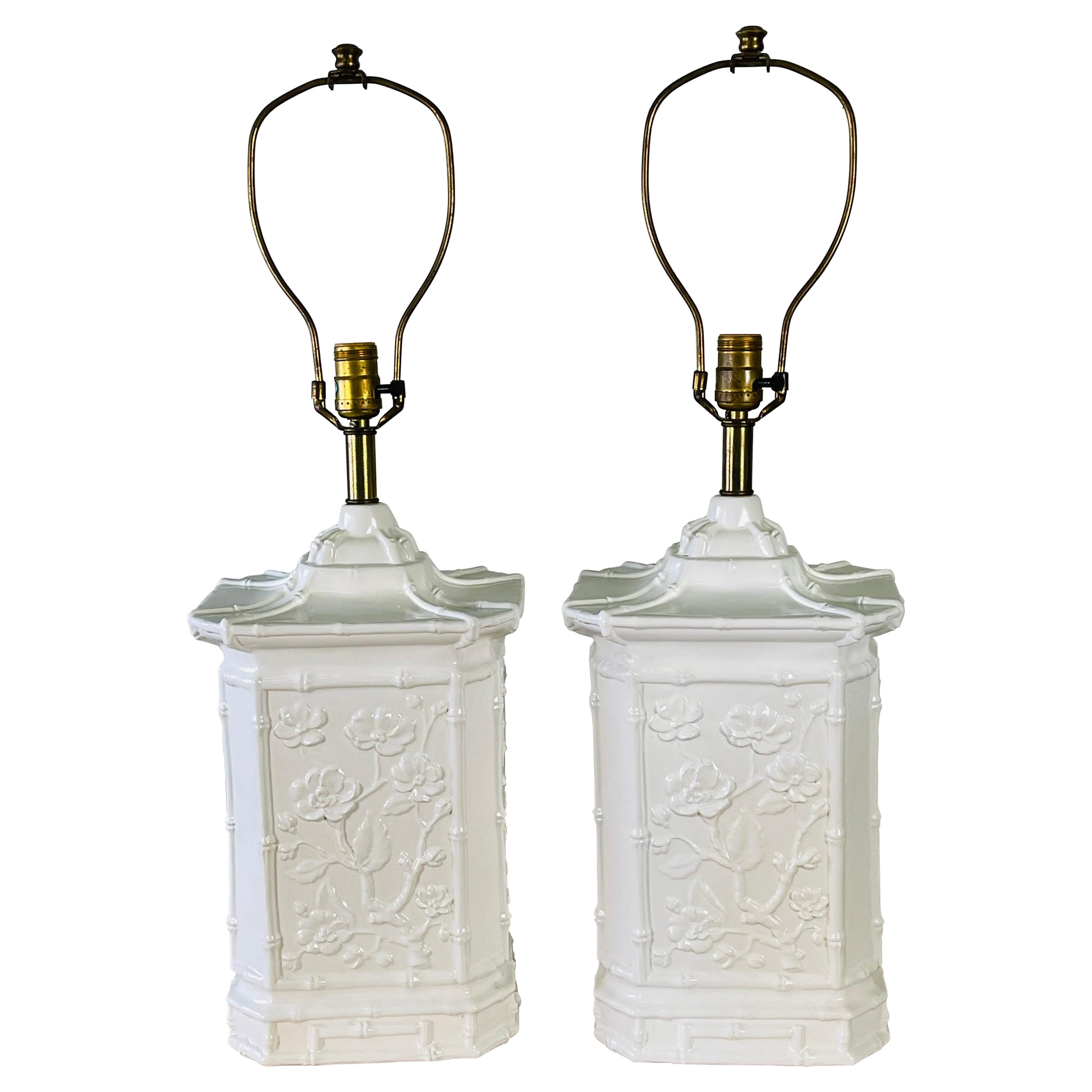 1970s White Asian Style Ceramic Table Lamps, Pair For Sale