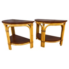 Pair of Tropical Sun Co. Rattan & Mahogany Demilune Side Tables, 1940s