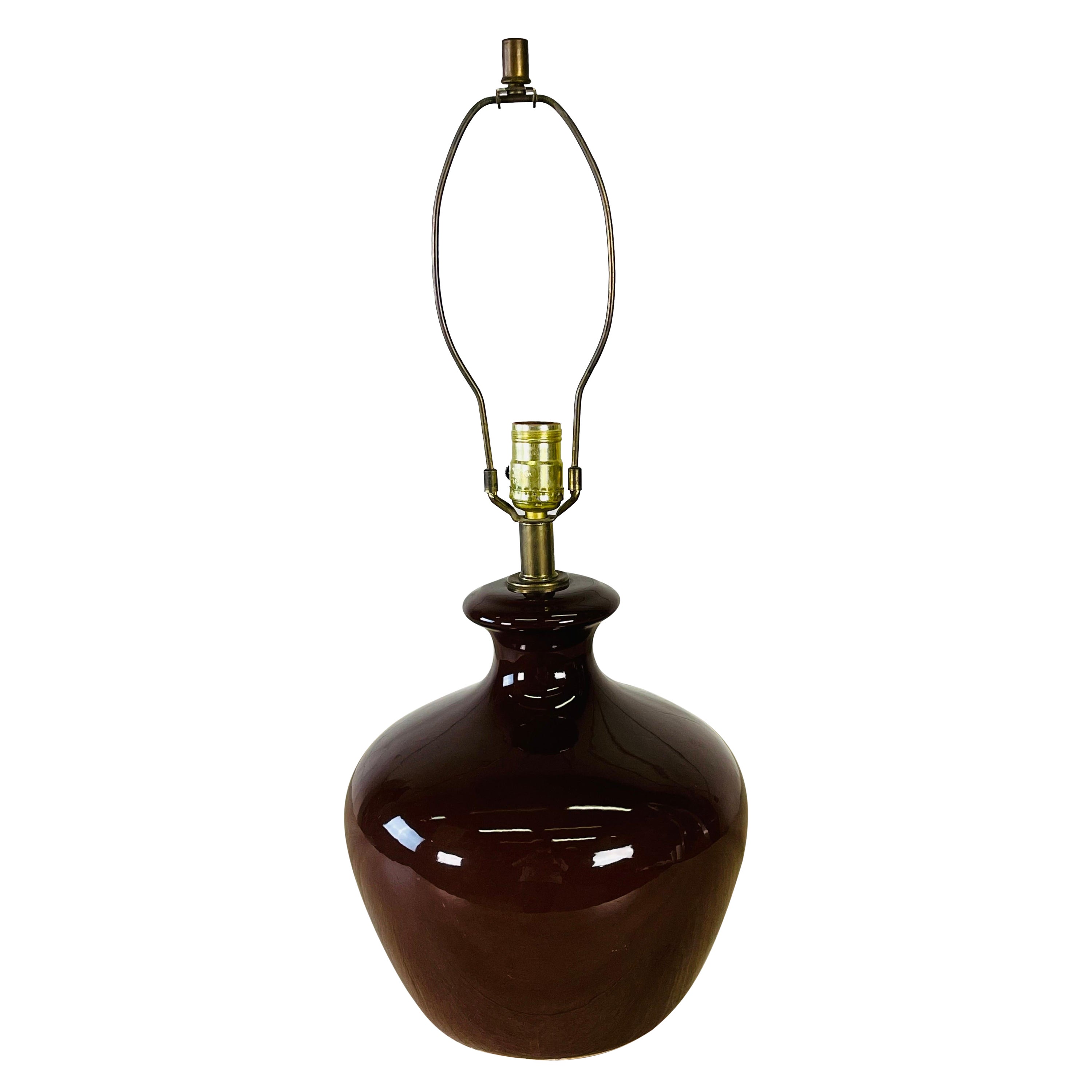 1970s Brown Bulbous Ceramic Table Lamp For Sale