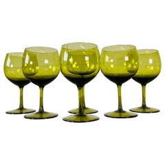 1960s Green Glass Wine Stems, Set of 6
