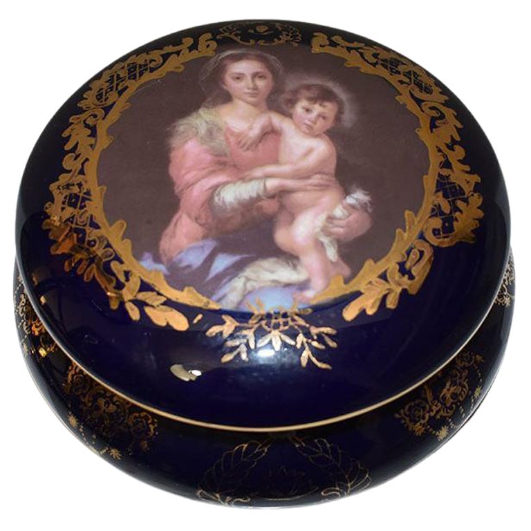 Caja de baratijas redonda con bisagras azul cobalto Virgen con el Niño Limoges China