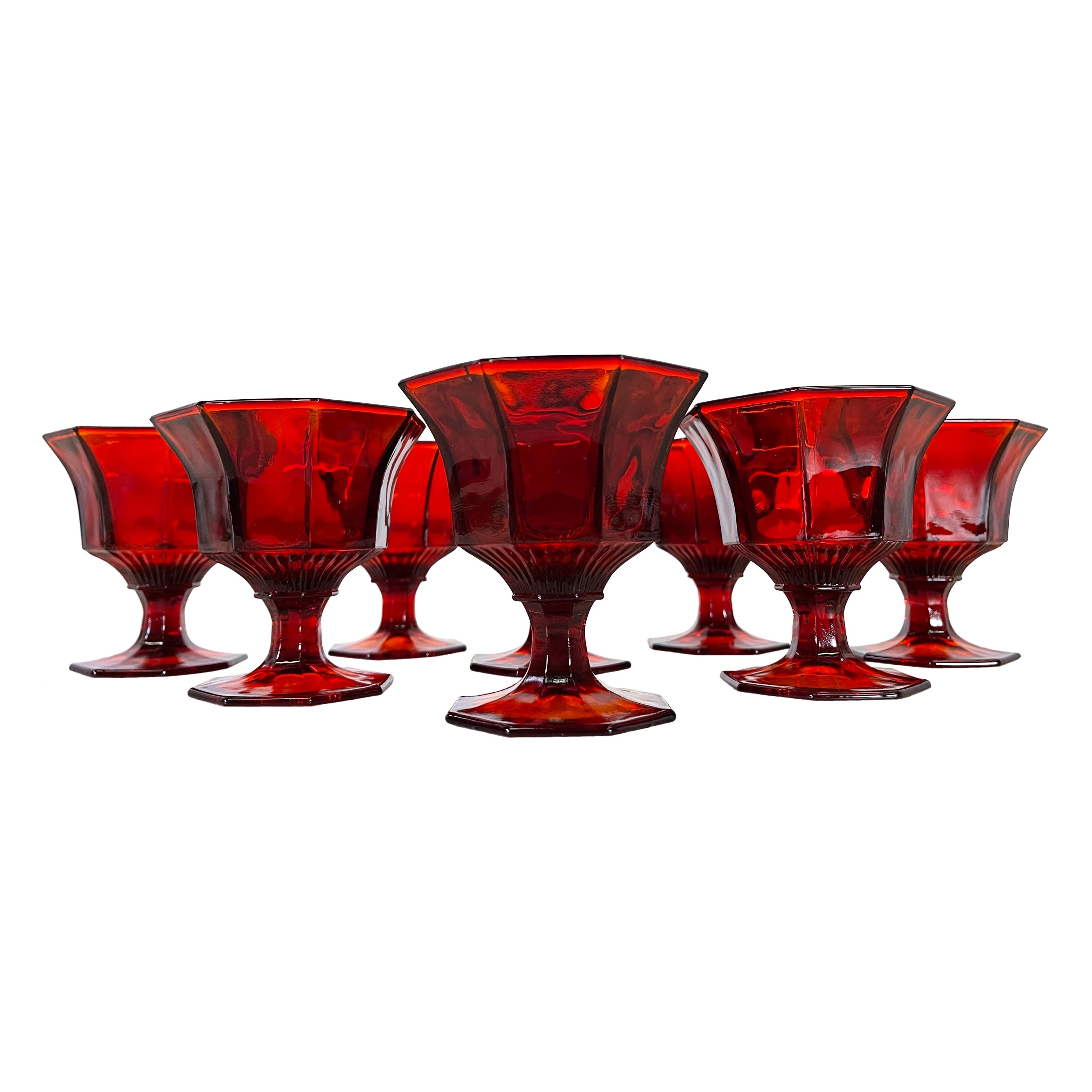 1970s Red 8-Sided Glass Coupes, Set of 8