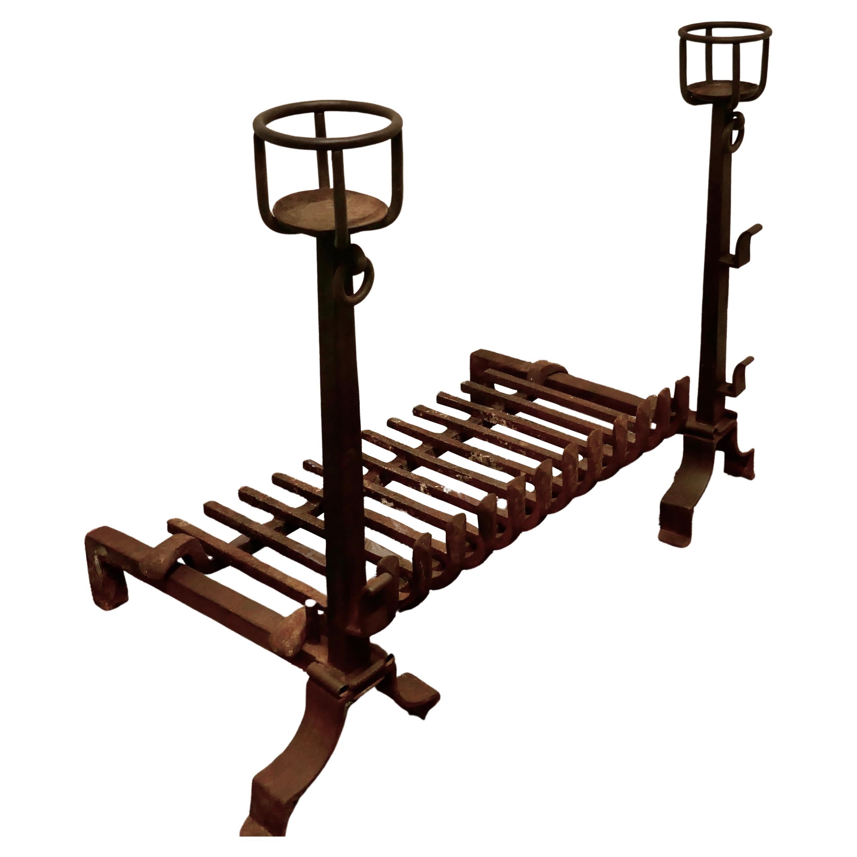Very Large Early 19th Century French Fire Grate Set on Iron Andirons For Sale