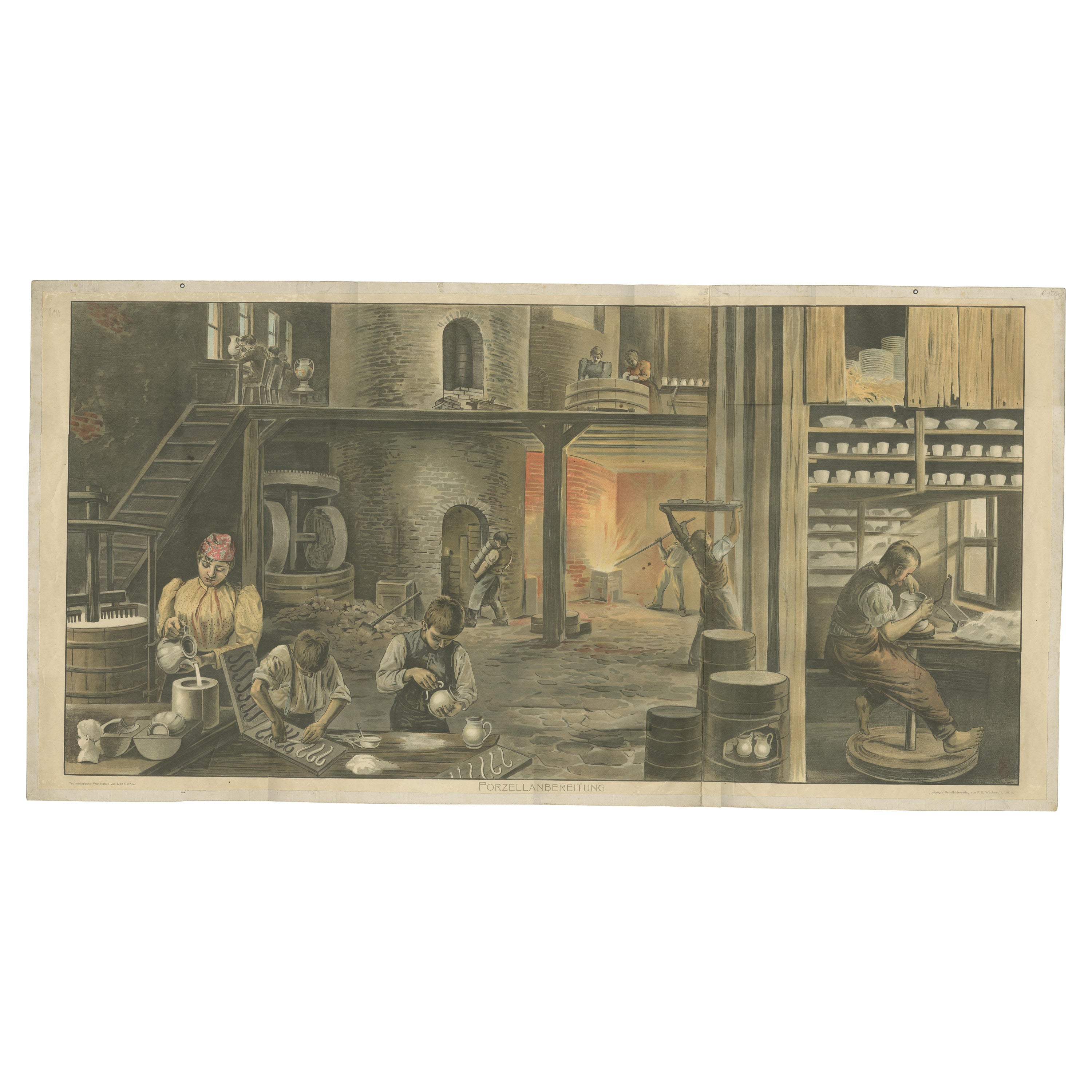 Large Color Lithograph of a Porcelain Factory in the 19th Century, 1895