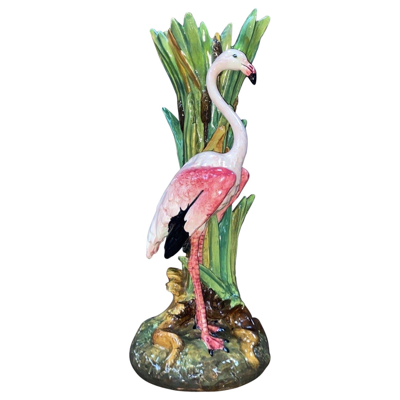 Vase Flamingo en majolique du 19ème siècle Delphin Massier
