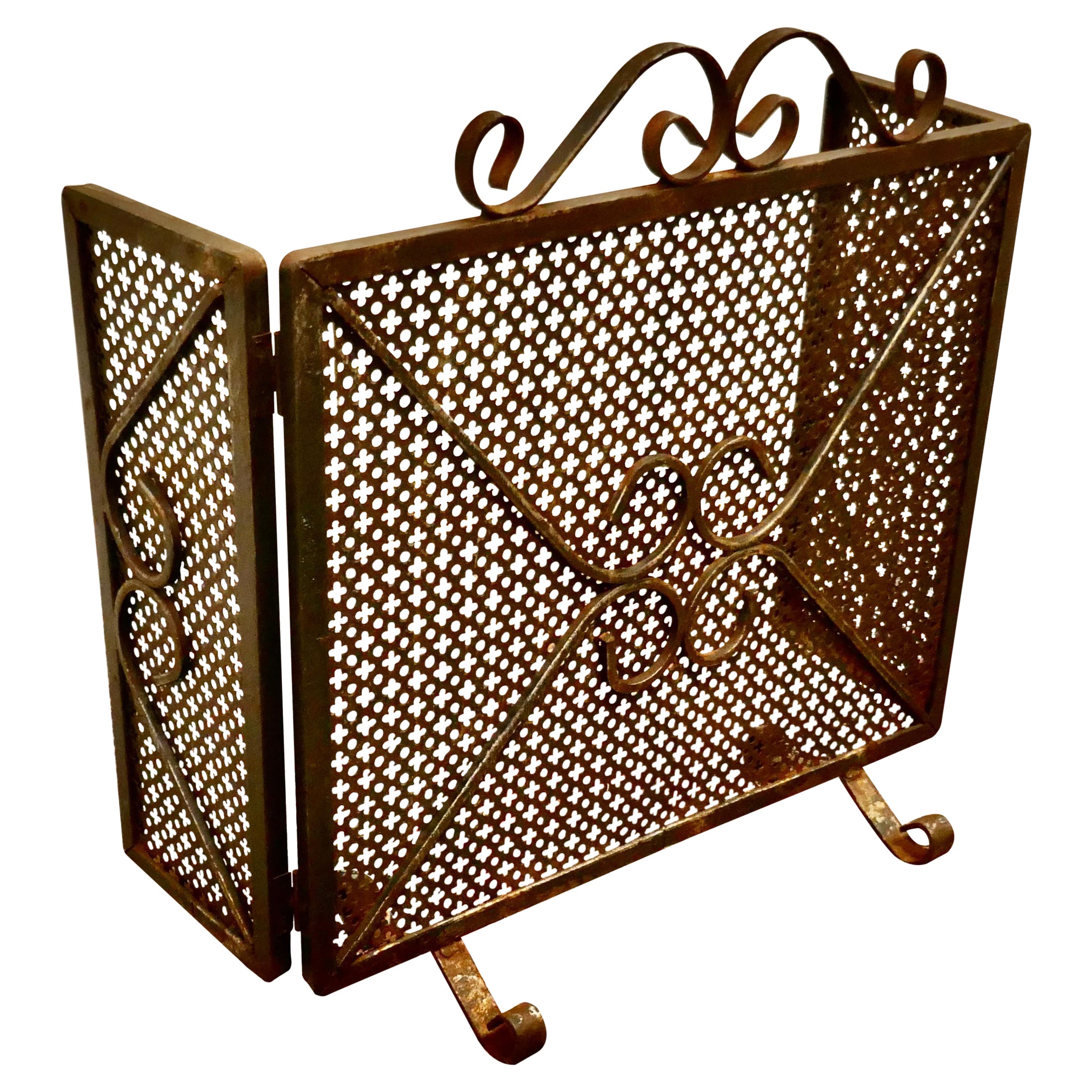 Heavy Folding Wrought Iron Fire Guard for Inglenook Fireplace For Sale