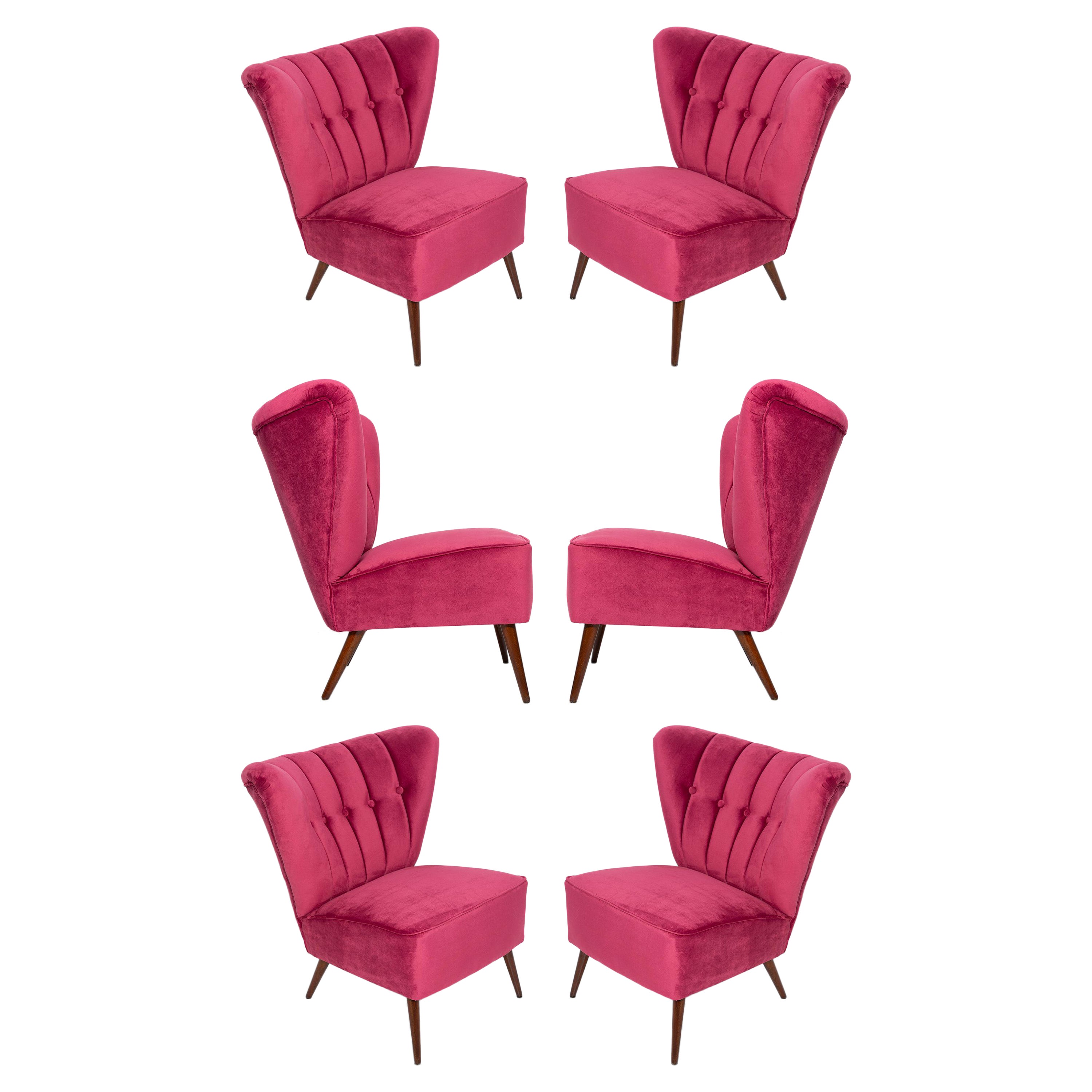 Set of Six Midcentury Pink Magenta Velvet Club Armchairs, Europe, 1960s For Sale