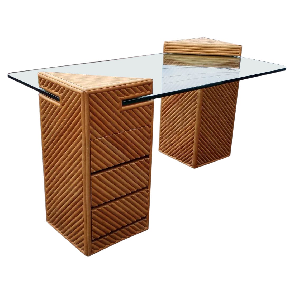Split Reed Rattan Floating Column Desk For Sale at 1stDibs
