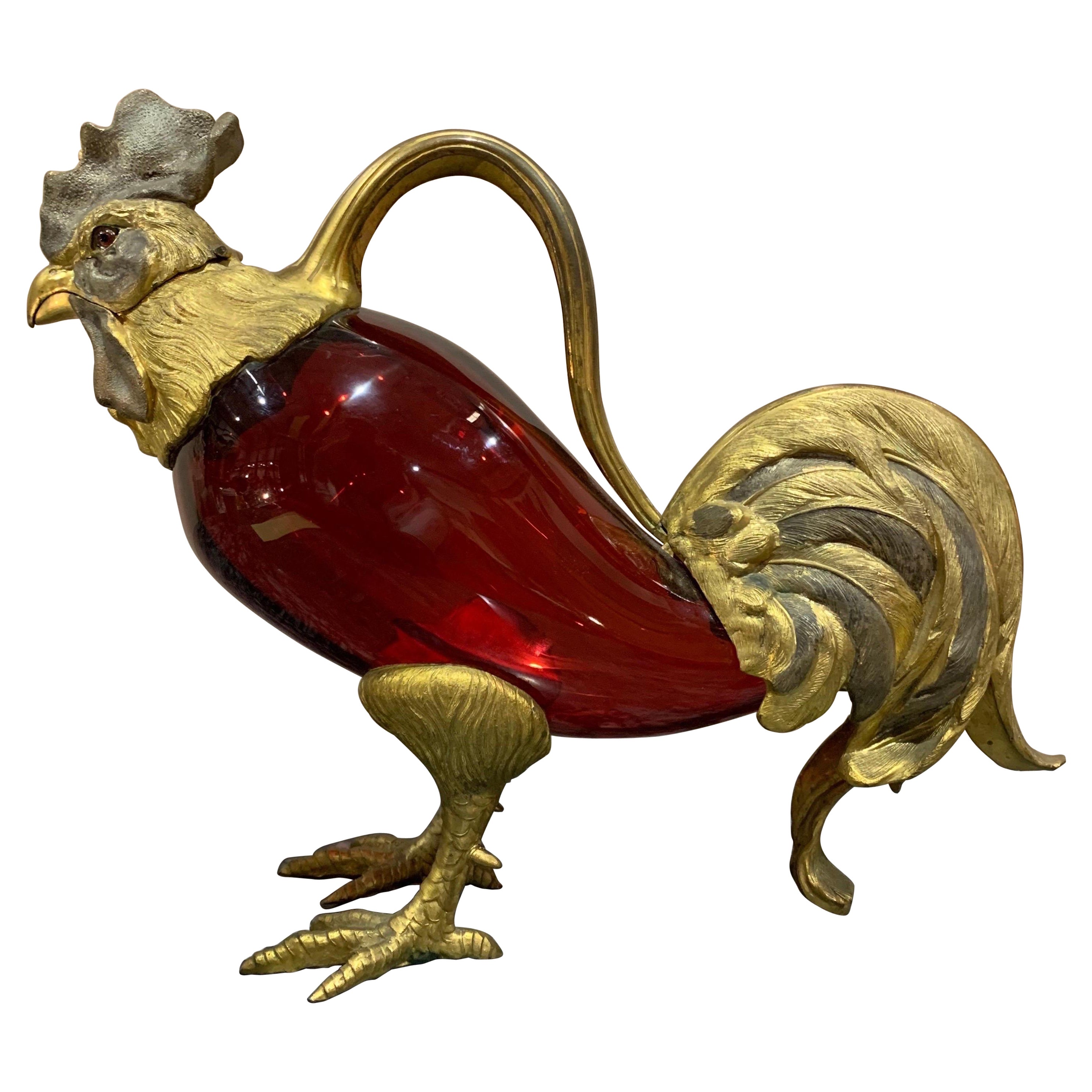 19th Century French Bronze and Glass Rooster Claret