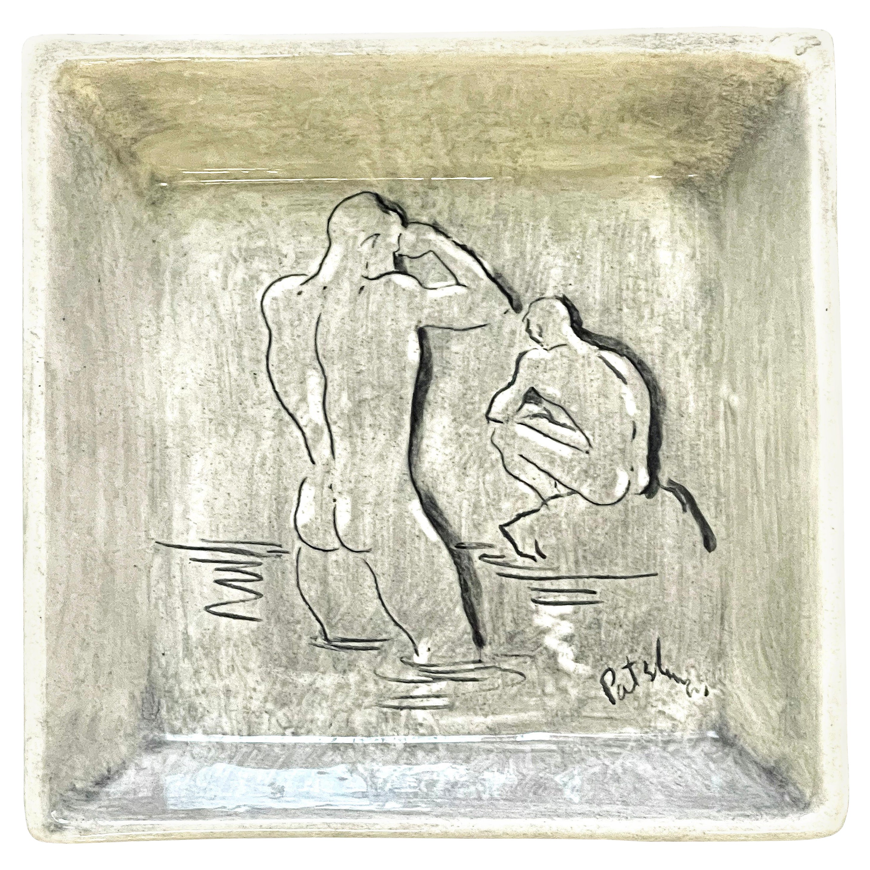 "Two Bathers at Laguna Beach, " Rare Mid Century Ceramic Dish with Male Nudes