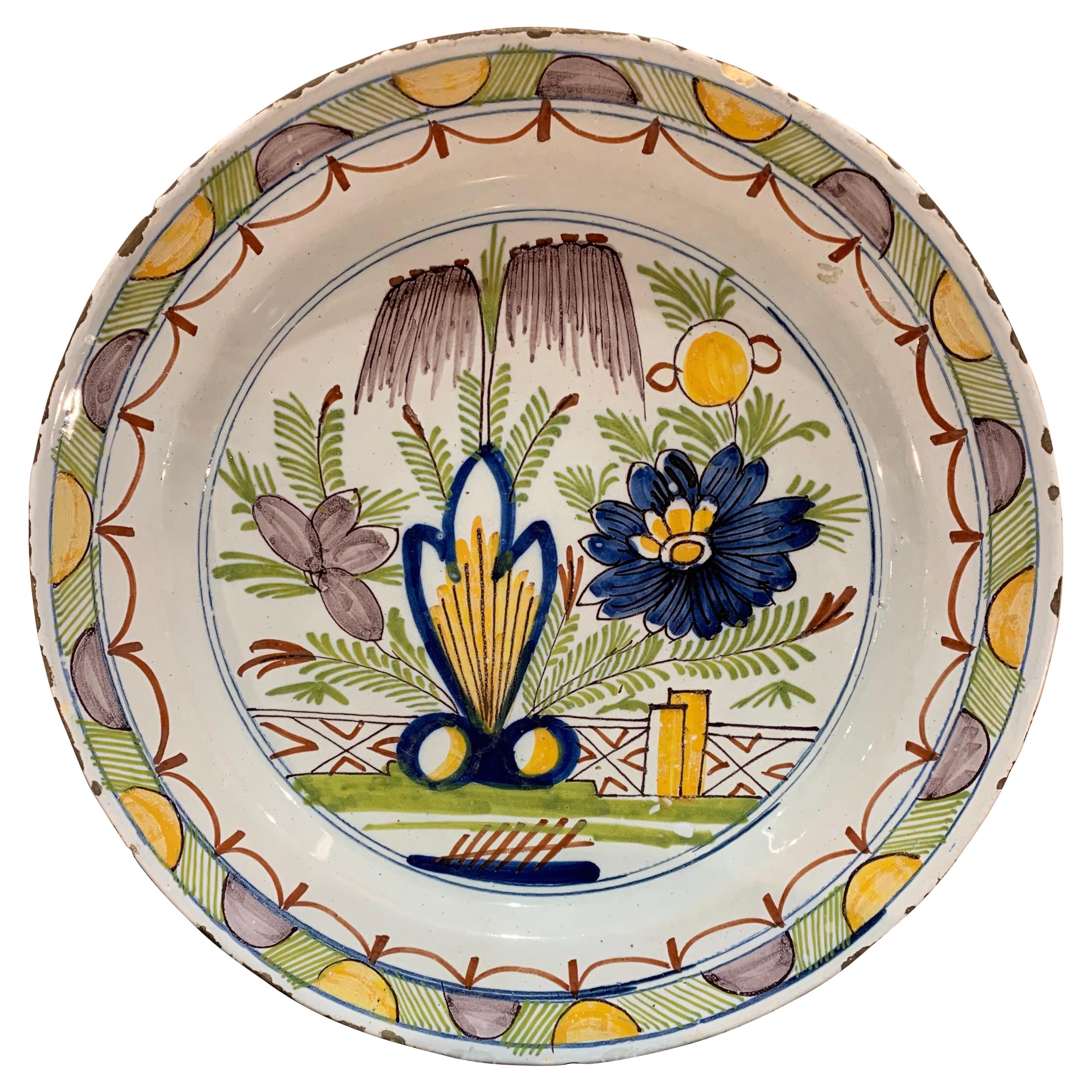 18th-19th Century Polychrome Delft Platter For Sale