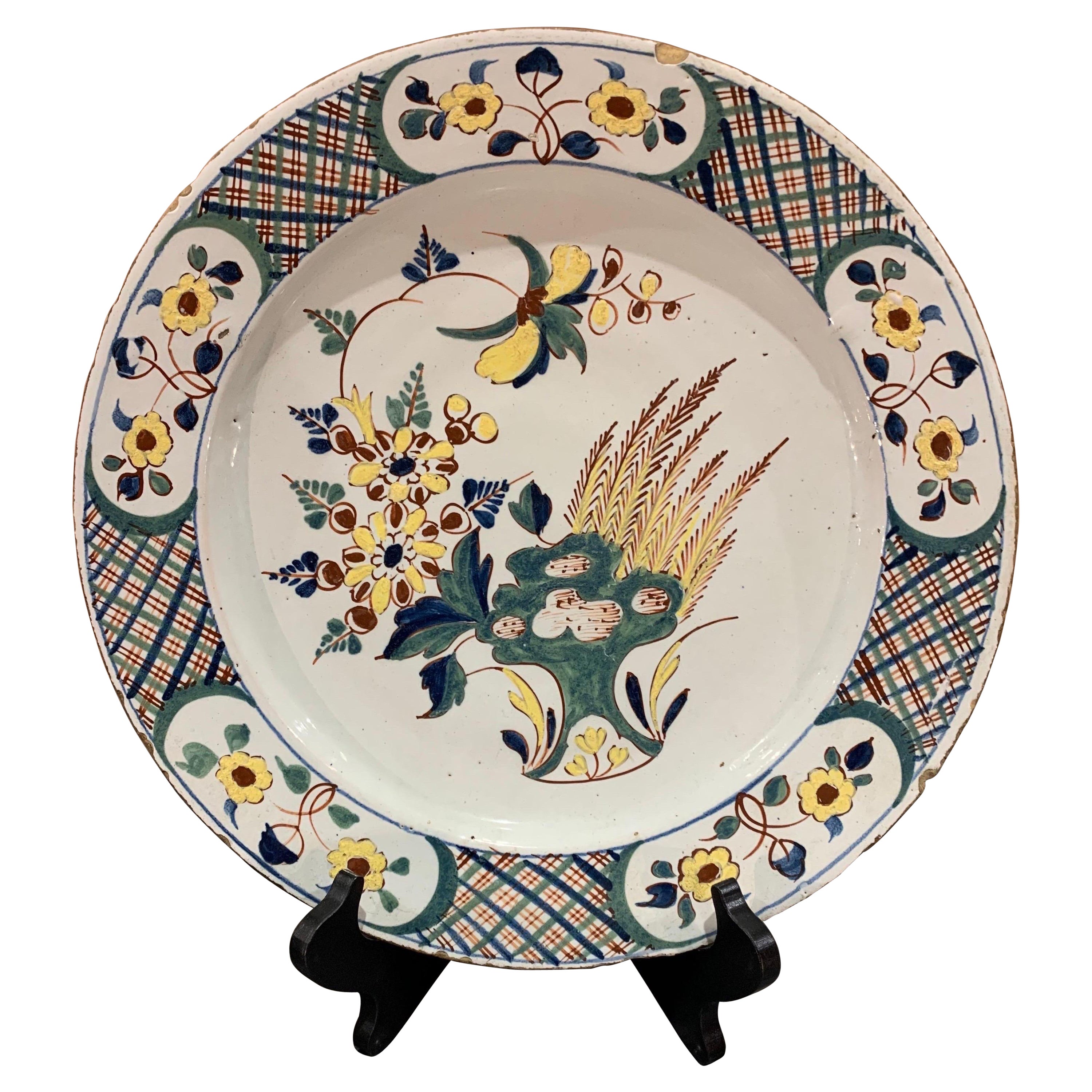 18th Century English Polychrome Delft Platter For Sale