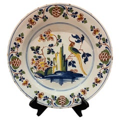 18th Century English Polychrome Delft Charger with Parakeet Decoration
