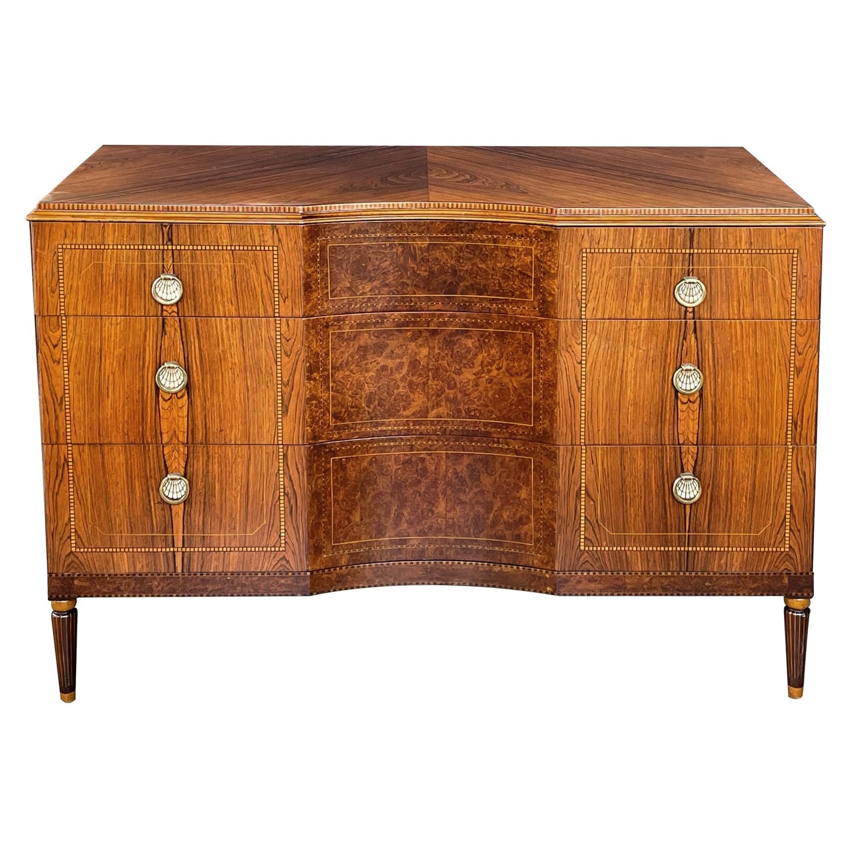 Quality Art Deco Rosewood and Burl Walnut 3-Drawer Chest by Irwin Furniture