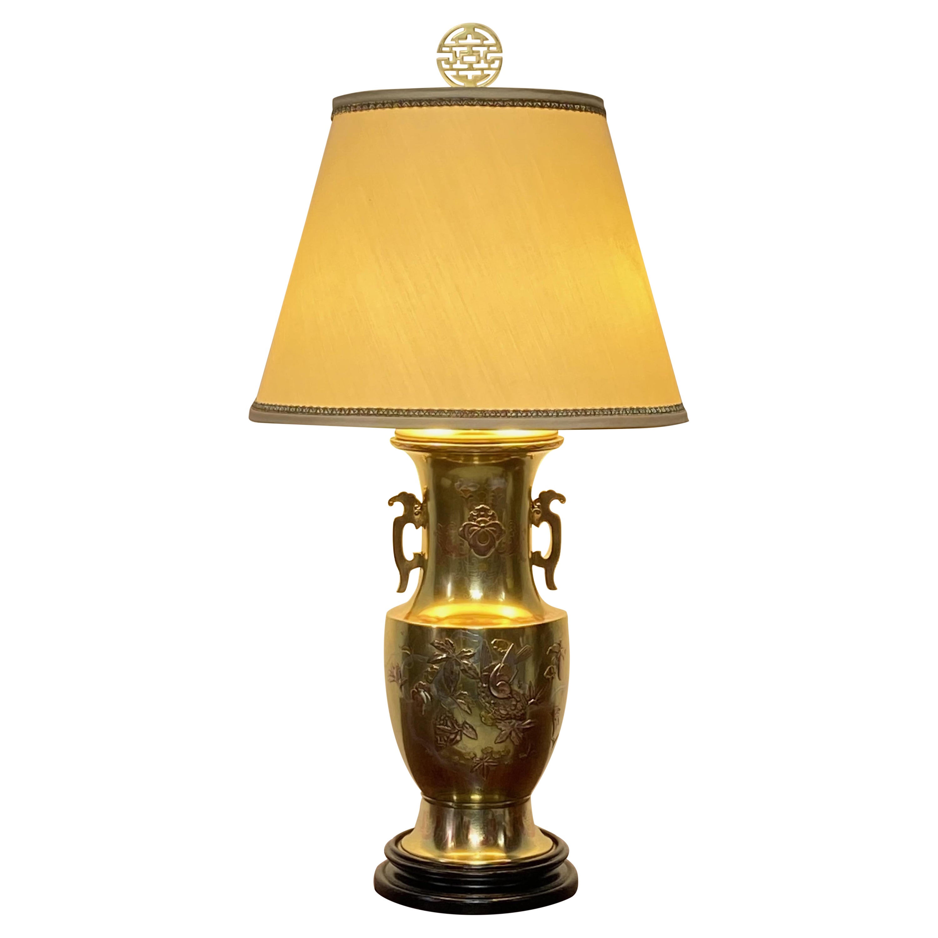 Yellow Bronze Lamp with Inlay Red Bronze and Silver, Japanese Meiji Period 1890