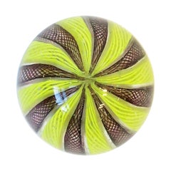 Italian Murano Art Glass Paperweight with Neon Yellow Ribbon Design after Seguso