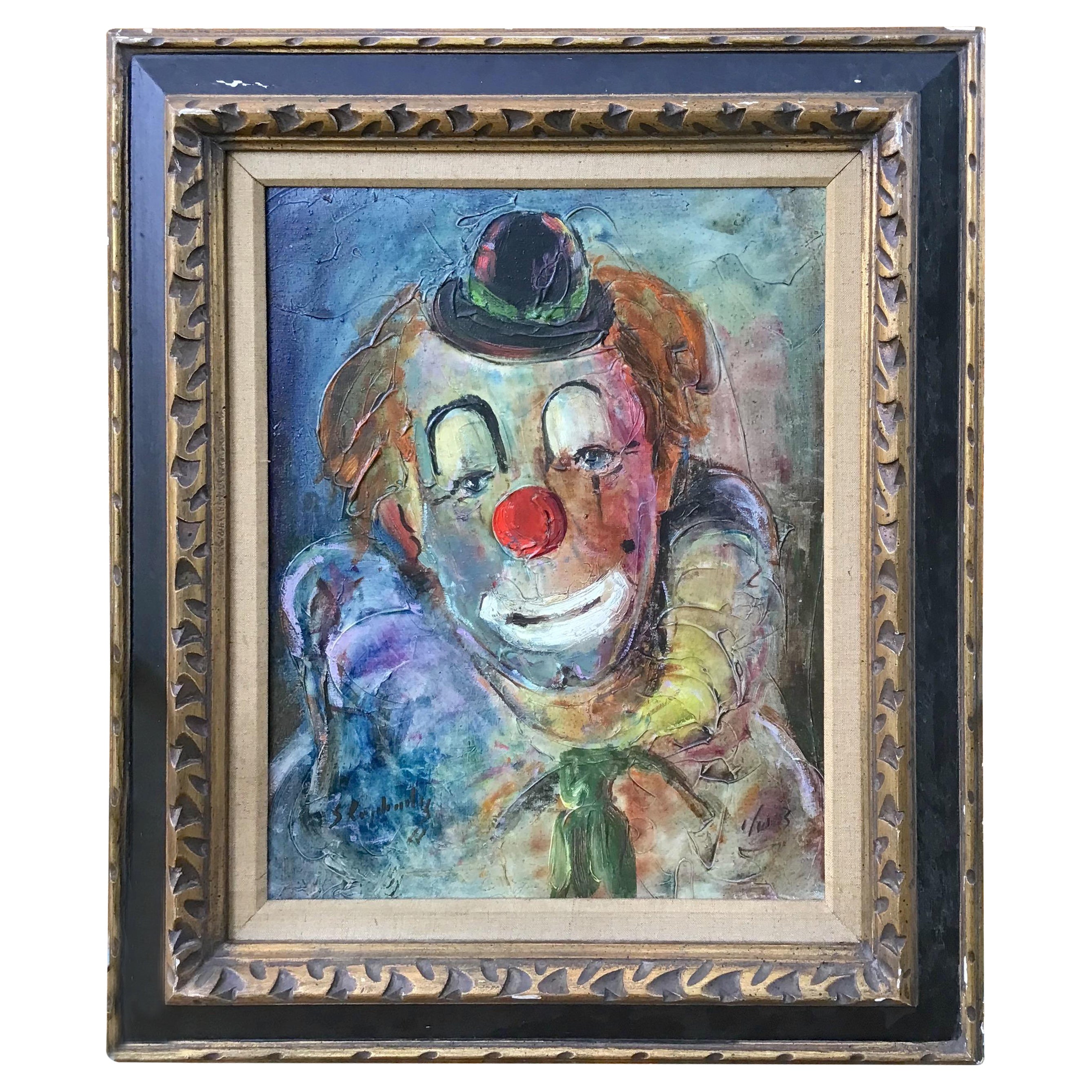 Peinture à l'huile d'un clown kitsch du milieu du siècle dernier, portrait de clown encadré