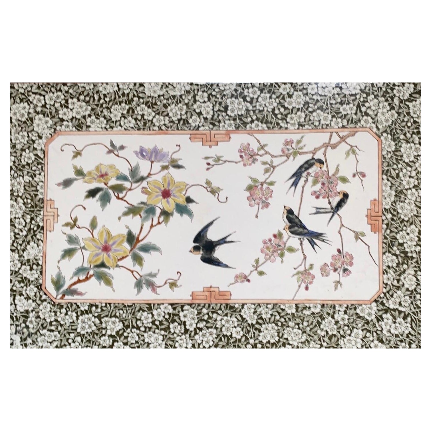 Large 19th Century Ceramic Plaque with Swallows & Flowers For Sale