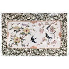 Large 19th Century Ceramic Plaque with Swallows & Flowers