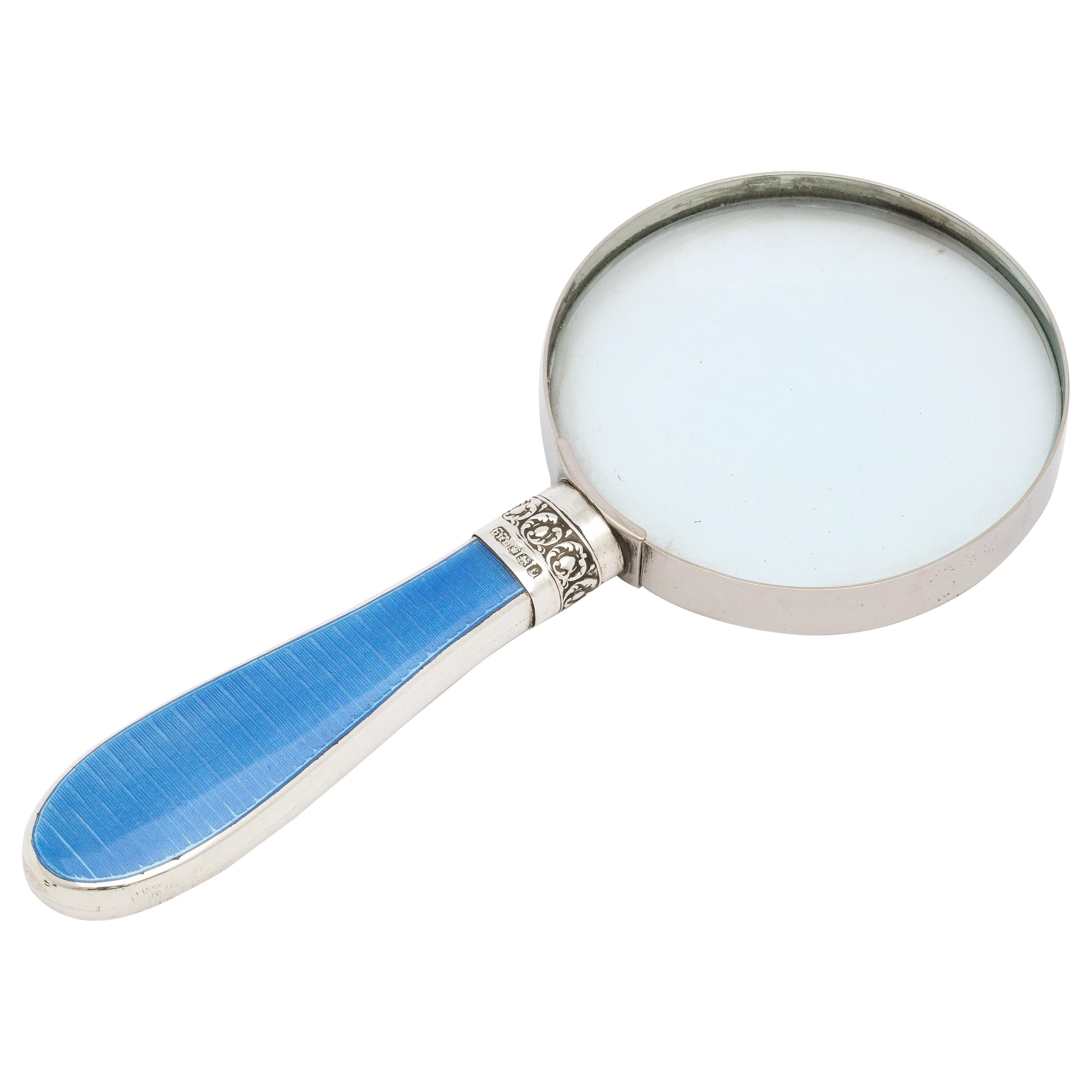 Art Deco Sterling Silver and Blue Guilloche Enamel-Mounted Magnifying Glass