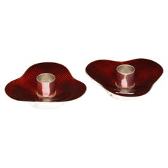 Pair of Mid-Century Modern Sterling Silver and Bright Red Enamel Candlesticks