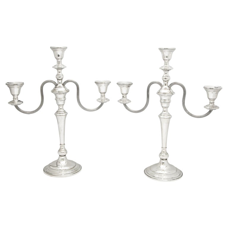 Tall, Empire-Style Pair of Sterling Silver Candelabra For Sale