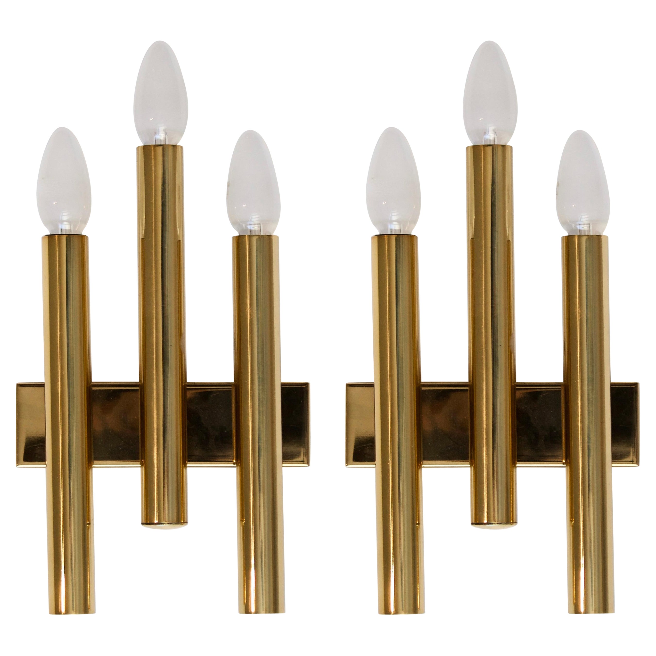 Candle, Three Armed Wall Lights / Sconces, Brass, Italy, 1960s