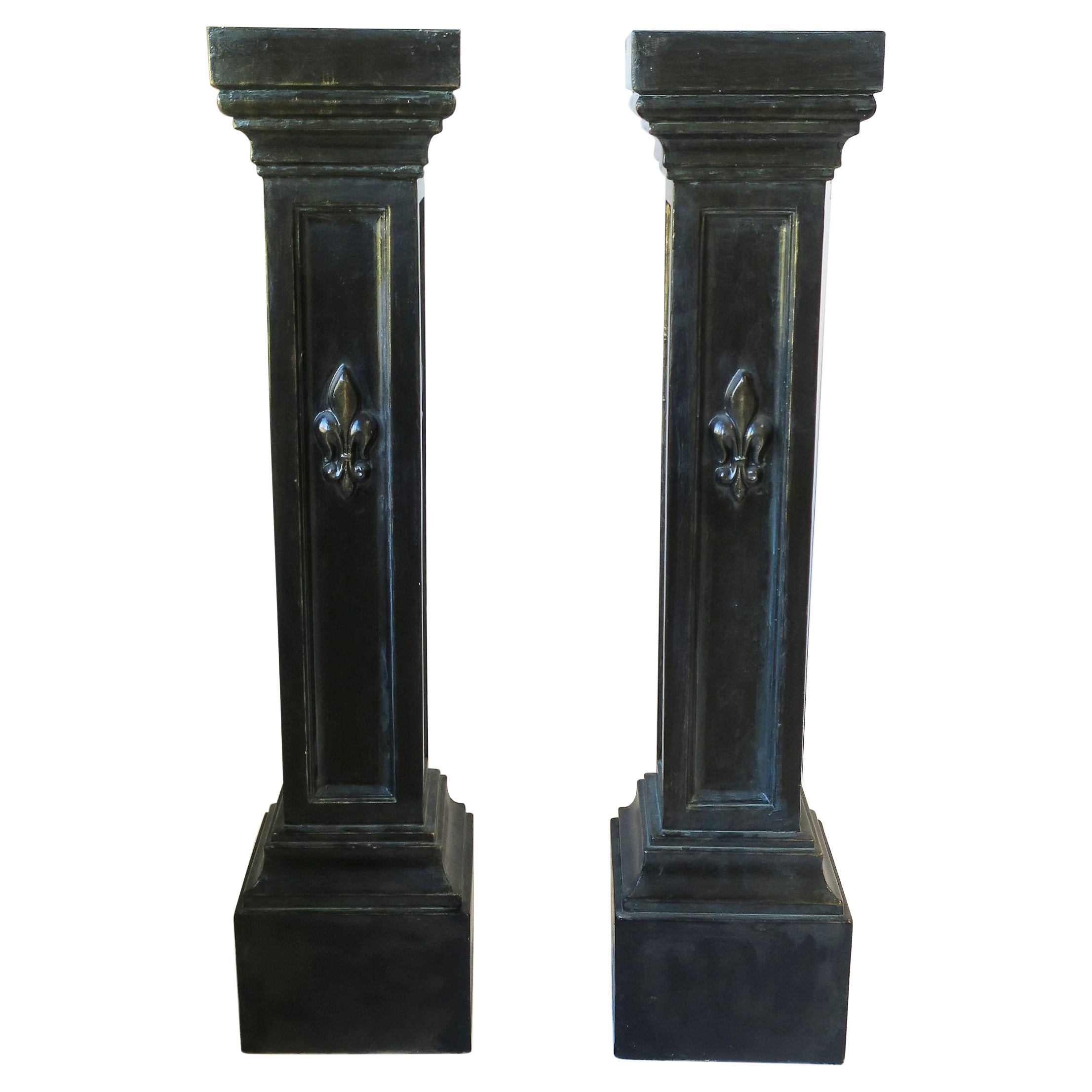 Black Column Pillar Pedestal Plaster Stands with French Fluer de Lis, Pair For Sale
