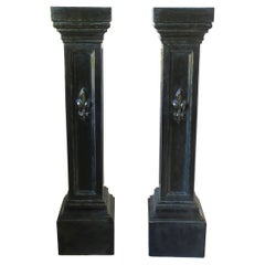 Vintage Black Column Pillar Pedestal Plaster Stands with French Fluer de Lis, Pair