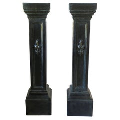 Black Column Pedestal Stands with French Fleur de Lis, Pair