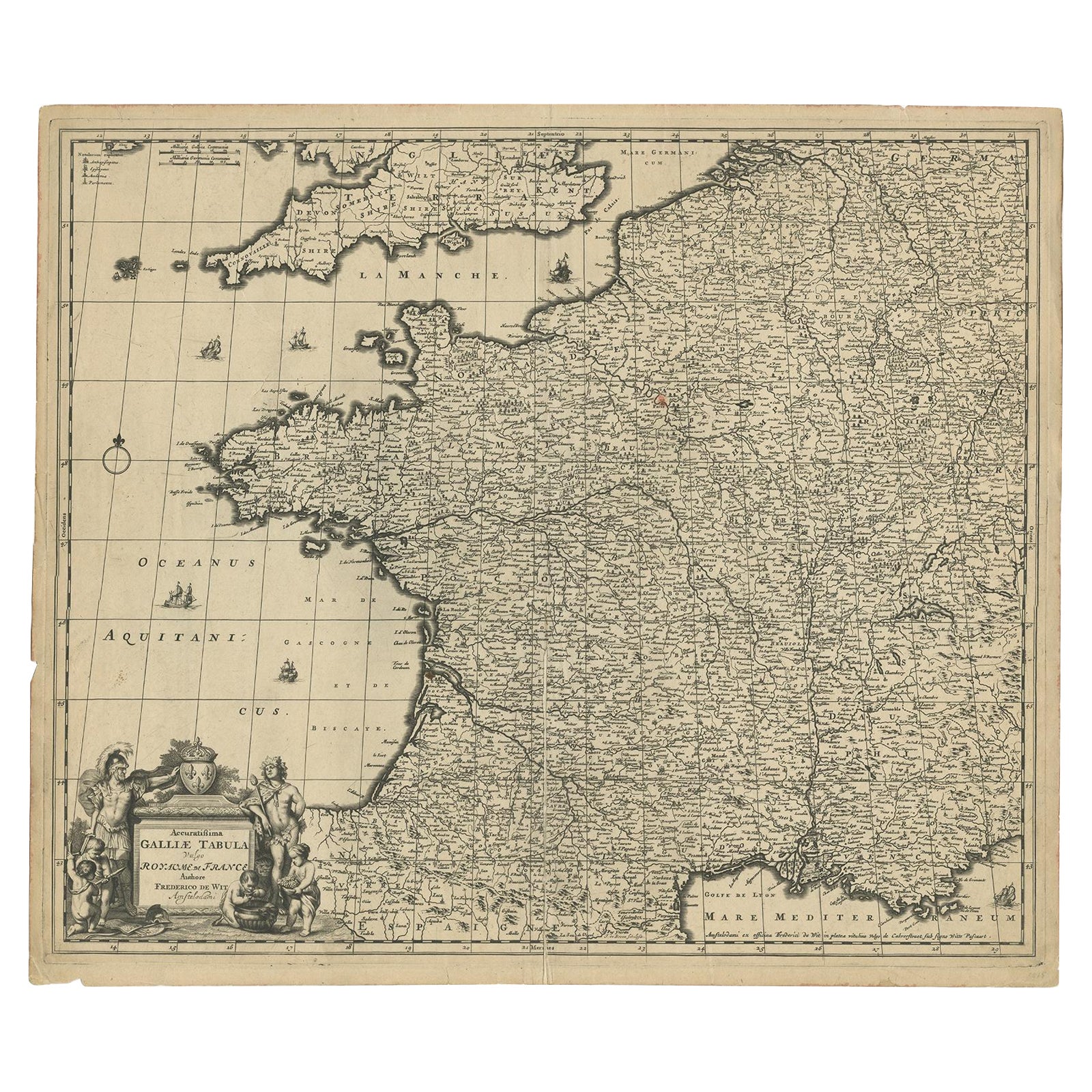 Grande carte ancienne de la France par De Wit, vers 1680