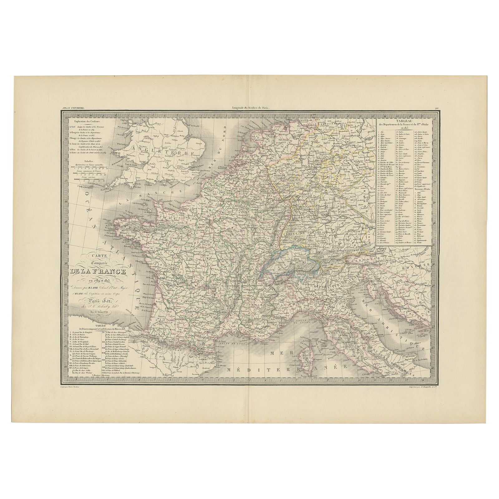 Antique Map of France with Surrounding Countries, 1842 For Sale